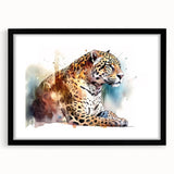 Black framed wall art featuring a striking jaguar design, showcasing intricate details and vibrant colors, perfect for adding a wild touch to any room decor.
