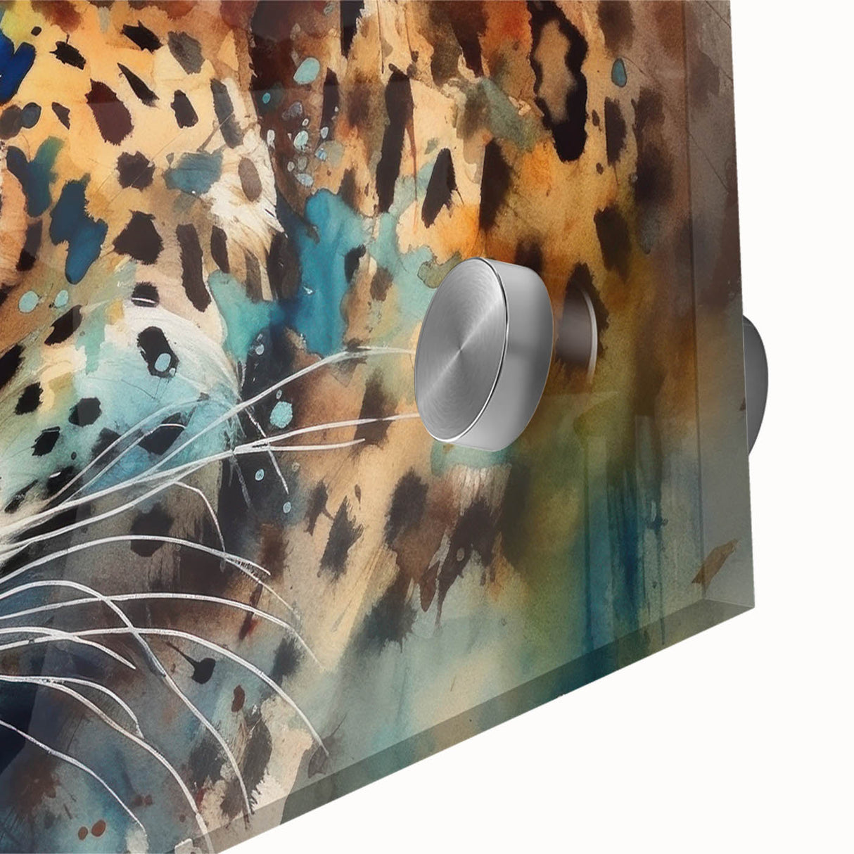 Close-up of a vibrant acrylic glass wall art piece featuring a striking jaguar design, showcasing intricate details and vivid colors, perfect for wildlife enthusiasts.