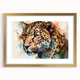 Jaguar-themed wall art design featuring a striking illustration of a jaguar in a gold frame with mat, ideal for wildlife enthusiasts and modern decor.