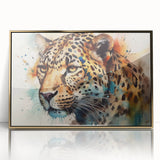 Framed wall art depicting a striking front view of a jaguar, showcasing intricate details in gold accents against a vibrant background, perfect for wildlife enthusiasts.