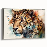 Framed canvas wall art showcasing a striking jaguar design in vibrant colors, set against a silver background, ideal for wildlife enthusiasts and modern decor.