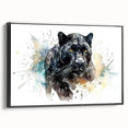 Framed wall art featuring a striking side view of a jaguar design, showcasing vibrant colors and intricate details against a black background, perfect for animal lovers.