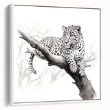 Framed canvas wall art featuring a jaguar design in vibrant colors, showcasing the majestic animal in a natural setting with a clean white frame, perfect for wildlife enthusiasts.
