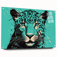 Side view of a sleek acrylic glass wall art piece featuring a striking jaguar design, part of a wildlife collection, showcasing vibrant colors and intricate details, ideal for modern decor.