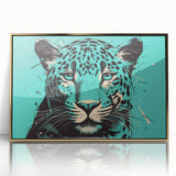 Framed wall art depicting a striking golden jaguar design in a wild landscape, showcasing intricate details and bold colors, perfect for animal-themed decor.