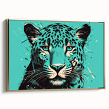 Framed canvas wall art featuring a striking side view of a jaguar design with gold accents, perfect for animal lovers and modern decor enthusiasts. The vibrant colors and intricate details capture the essence of wildlife, making it an eye-catching addition to any space.