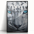 Framed wall art featuring a striking black and white jaguar design, set against a sleek black frame, perfect for wildlife enthusiasts and modern home decor.