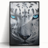 Framed wall art featuring a striking black and white jaguar design, set against a sleek black frame, perfect for wildlife enthusiasts and modern home decor.