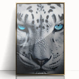 Framed wall art featuring a striking gold-accented front view of a jaguar, showcasing intricate details and vibrant colors, perfect for wildlife enthusiasts.