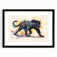 Jaguar-themed wall art design featuring a striking black frame and mat, showcasing vivid colors and intricate details, perfect for animal lovers and home decor enthusiasts.