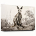 Acrylic glass wall art featuring a vibrant kangaroo design from the Animals A Wild Life collection, displayed in a side view with decorative pins, perfect for animal lovers.