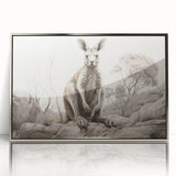 Framed wall art featuring a stylish kangaroo design from the Wild Life collection, showcasing vibrant colors and a sleek silver frame, ideal for modern decor.
