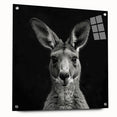 Side view of a kangaroo-themed wall art design, displayed with acrylic glass and decorative pins, showcasing vibrant colors and intricate details in a modern setting.