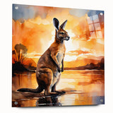 Acrylic glass wall art collection showcasing a vibrant kangaroo design in a side view, featuring colorful details and mounted with stylish pins for easy display.