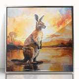 Framed acrylic wall art featuring a detailed kangaroo design in a silver frame, showcasing vibrant colors and wildlife themes, perfect for nature enthusiasts.