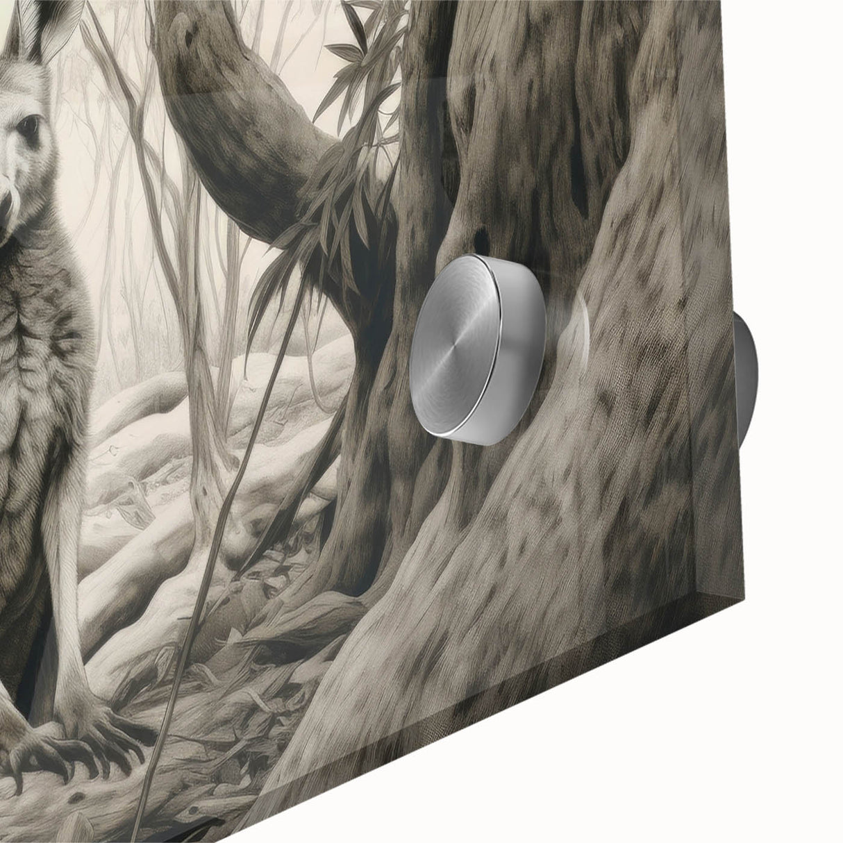 Close-up of a vibrant kangaroo wall art design printed on acrylic glass, showcasing detailed colors and textures, ideal for animal-themed home decor. Perfect for nature lovers and wildlife enthusiasts.