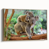 Framed wall art featuring a detailed koala design on canvas, showcasing vibrant colors and a gold frame, ideal for wildlife enthusiasts and modern decor.