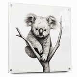 Koala wall art design printed on acrylic glass, showcasing a side view with vibrant colors and intricate details, perfect for wildlife enthusiasts and home decor.