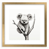 Koala-themed wall art design featuring a framed print with matting and a gold frame, showcasing a detailed illustration of a koala in its natural habitat. Perfect for animal lovers and home decor enthusiasts, this artwork adds a touch of nature to any space.