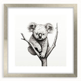 Framed wall art featuring a detailed koala illustration in vibrant colors, set in a sleek silver frame with a white mat, ideal for nature-themed decor.