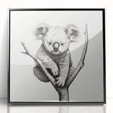 Framed acrylic wall art featuring a koala design, set against a black background, showcasing vibrant colors and intricate details, perfect for wildlife enthusiasts.