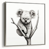 Framed canvas wall art featuring a serene koala design, showcasing intricate details and a silver frame, perfect for nature enthusiasts and home decor.