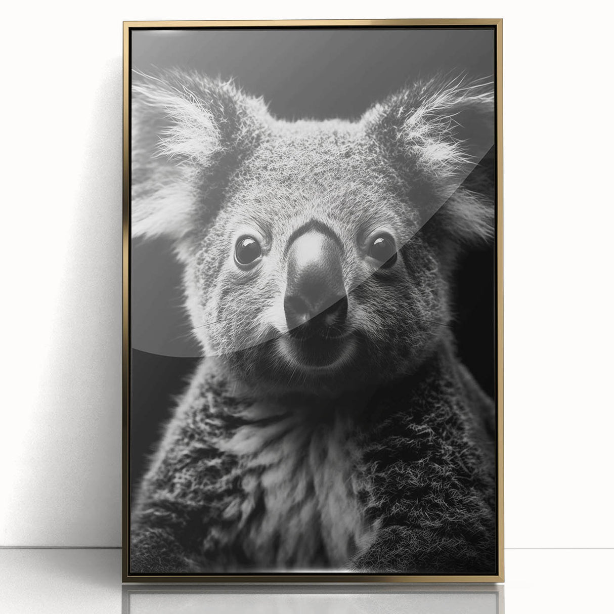 Framed wall art featuring a realistic koala design with vibrant colors in a gold-acrylic frame, perfect for wildlife enthusiasts and home decor.
