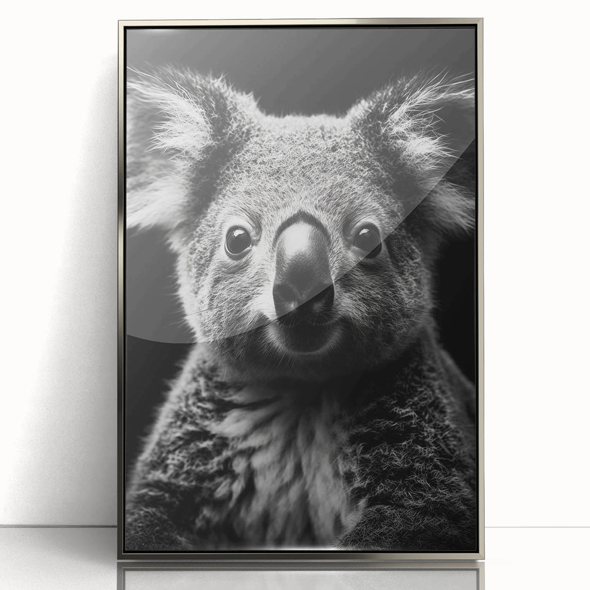 Framed wall art featuring a detailed koala design on a silver-acrylic background, showcasing vibrant colors and intricate details, perfect for wildlife enthusiasts.