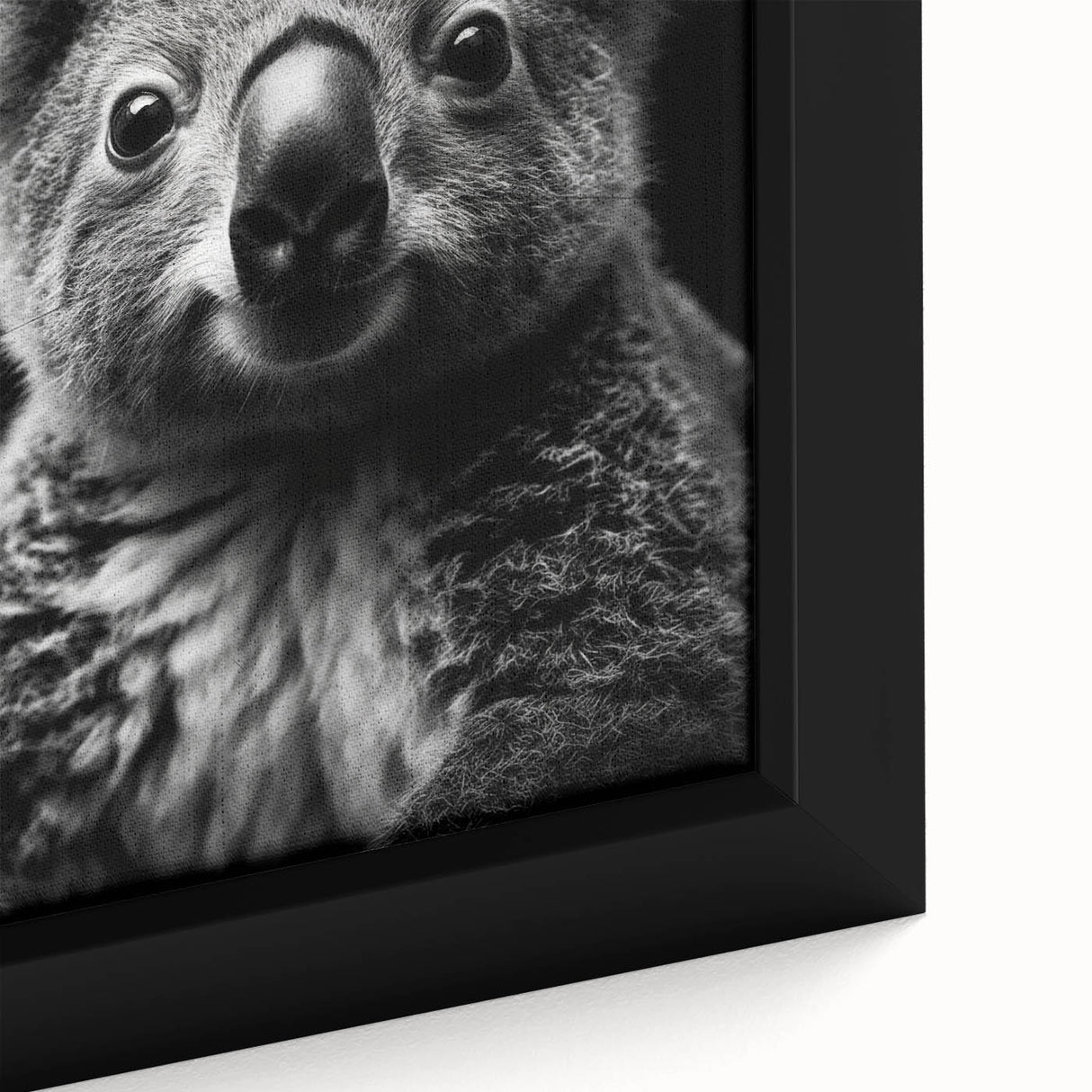 Close-up of a framed canvas wall art featuring a detailed koala design, showcasing its soft fur and expressive eyes, perfect for animal lovers and nature enthusiasts.