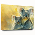 Acrylic wall art collection showcasing a vibrant koala design, mounted on a clear glass panel with pins, ideal for adding a playful touch to modern decor.