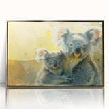Framed wall art showcasing a realistic koala design in a vibrant, colorful style with a gold-accented frame, perfect for animal lovers and home decor enthusiasts.