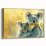 Framed canvas wall art featuring a beautifully detailed koala design, set against a gold background, showcasing vibrant colors and intricate textures, ideal for nature lovers.