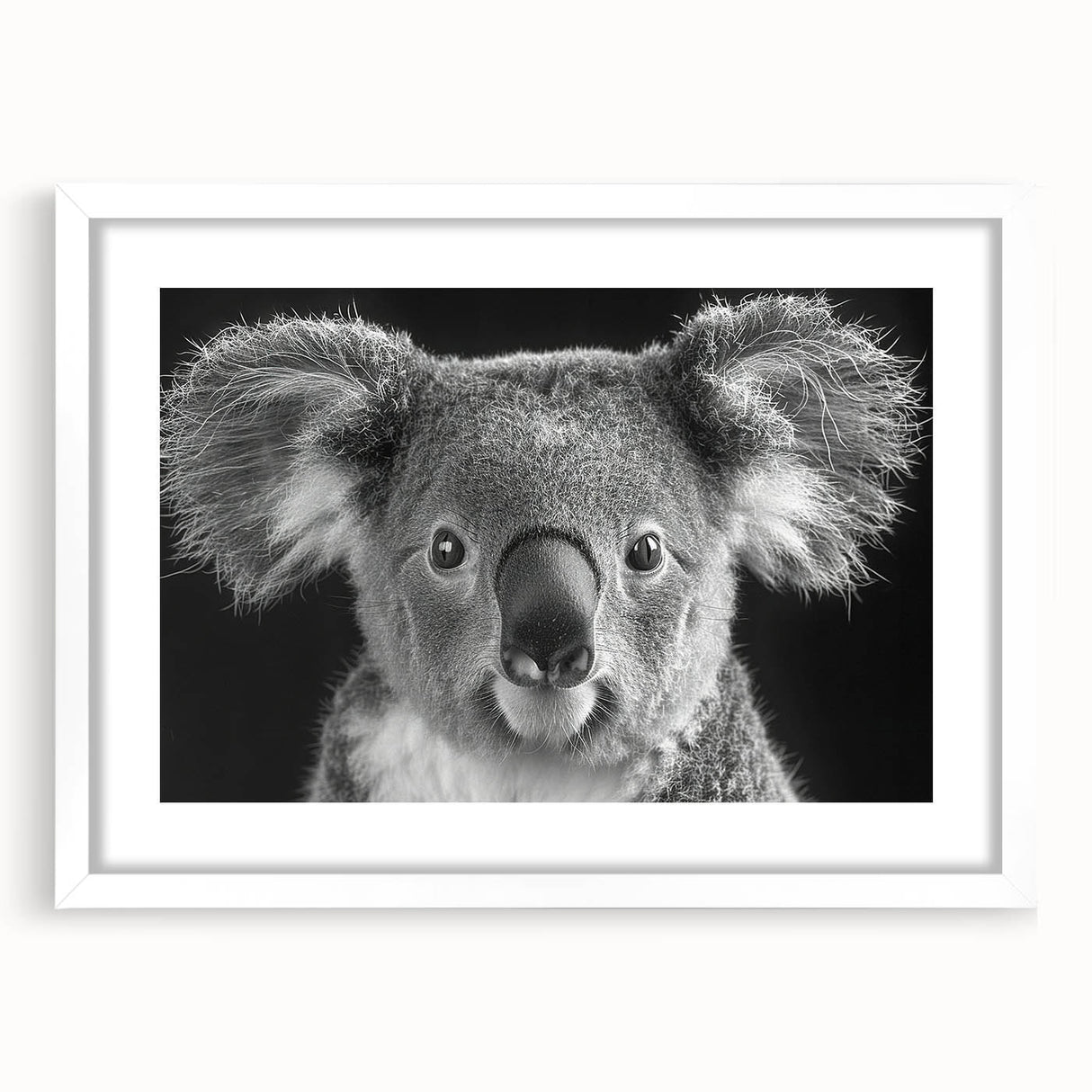 Koala wall art design in a white frame with a mat, showcasing vibrant colors and detailed illustration, perfect for animal lovers or nursery decor.