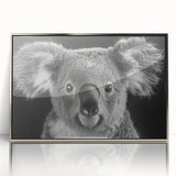 Framed acrylic wall art featuring a detailed koala design, set against a silver background, perfect for animal lovers and home decor enthusiasts.