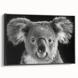 Framed wall art collection featuring a koala design on a black canvas, showcasing vibrant colors and intricate details, ideal for animal lovers and home decor enthusiasts.
