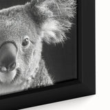 Close-up of a framed canvas wall art featuring a realistic koala design, showcasing intricate details and vibrant colors, perfect for wildlife enthusiasts and home decor.