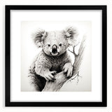 Koala wall art design framed in black, featuring a realistic illustration of a koala in a natural setting, perfect for wildlife enthusiasts and home decor.