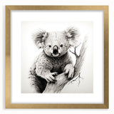 Close-up of a framed wall art collection showcasing a beautifully designed koala illustration, with a gold frame and mat, perfect for wildlife enthusiasts and nature decor.