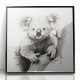 Framed wall art featuring a vibrant koala design, showcasing a black acrylic frame and a colorful depiction of Australian wildlife, perfect for nature enthusiasts.
