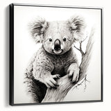 Framed canvas wall art showcasing a detailed koala design, featuring vibrant colors and a sleek black frame, perfect for nature enthusiasts and home decor.