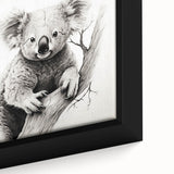 Close-up of a framed canvas wall art showcasing a vibrant koala design, highlighting intricate details and soft colors, perfect for wildlife enthusiasts and home decor.