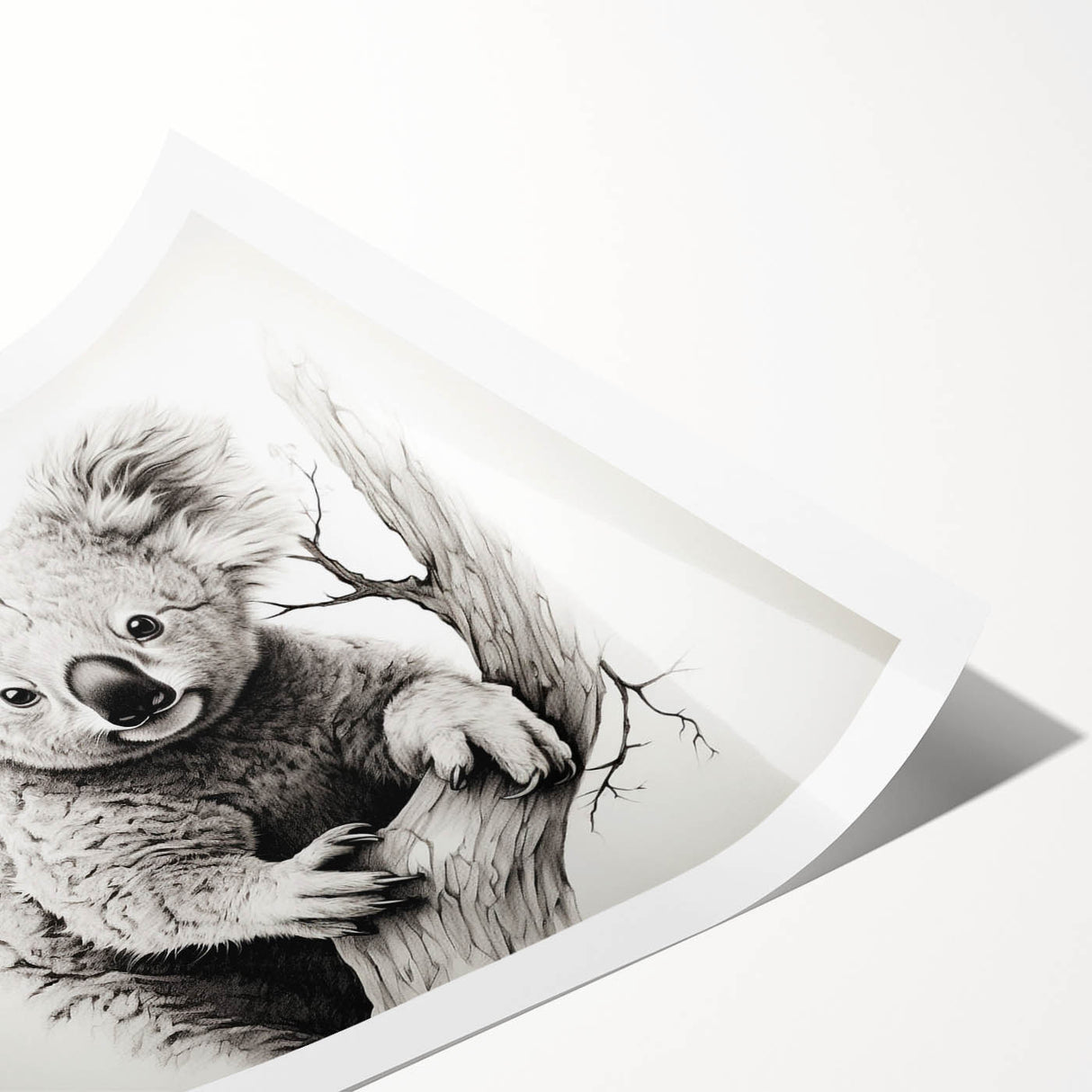 Koala wall art print featuring a vibrant, detailed illustration of a koala perched on a eucalyptus tree branch, ideal for wildlife-themed decor or animal lovers.