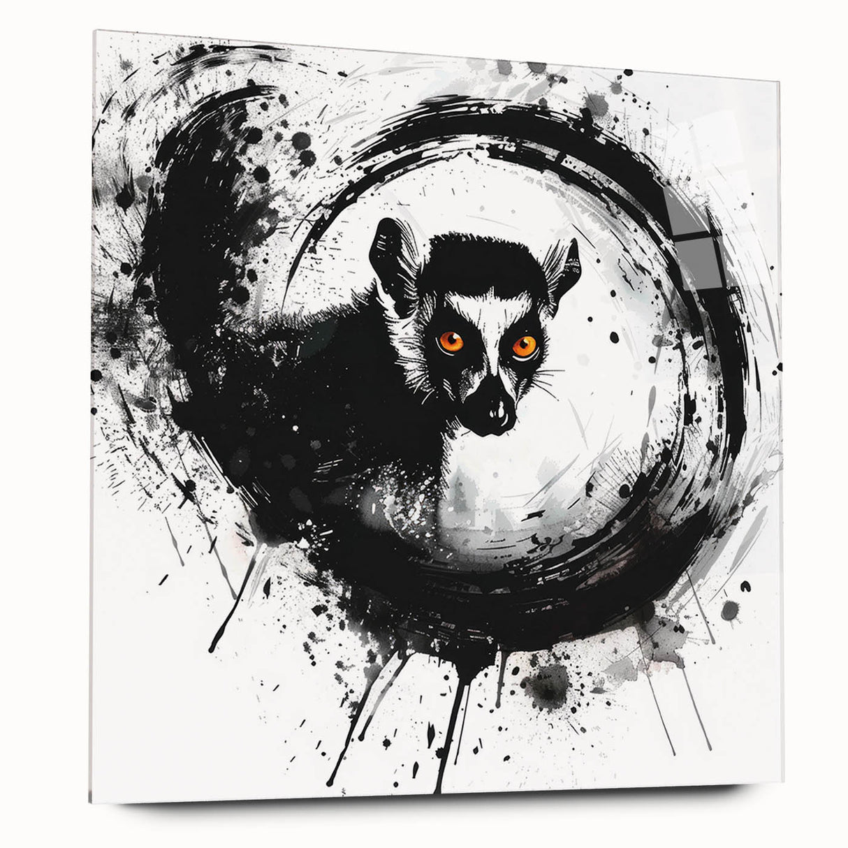 Acrylic wall art design showcasing a vibrant lemur, featuring a colorful and whimsical illustration, presented in a side view to highlight its unique details and craftsmanship. Perfect for animal lovers and home decor enthusiasts, this piece adds a playful touch to any space.
