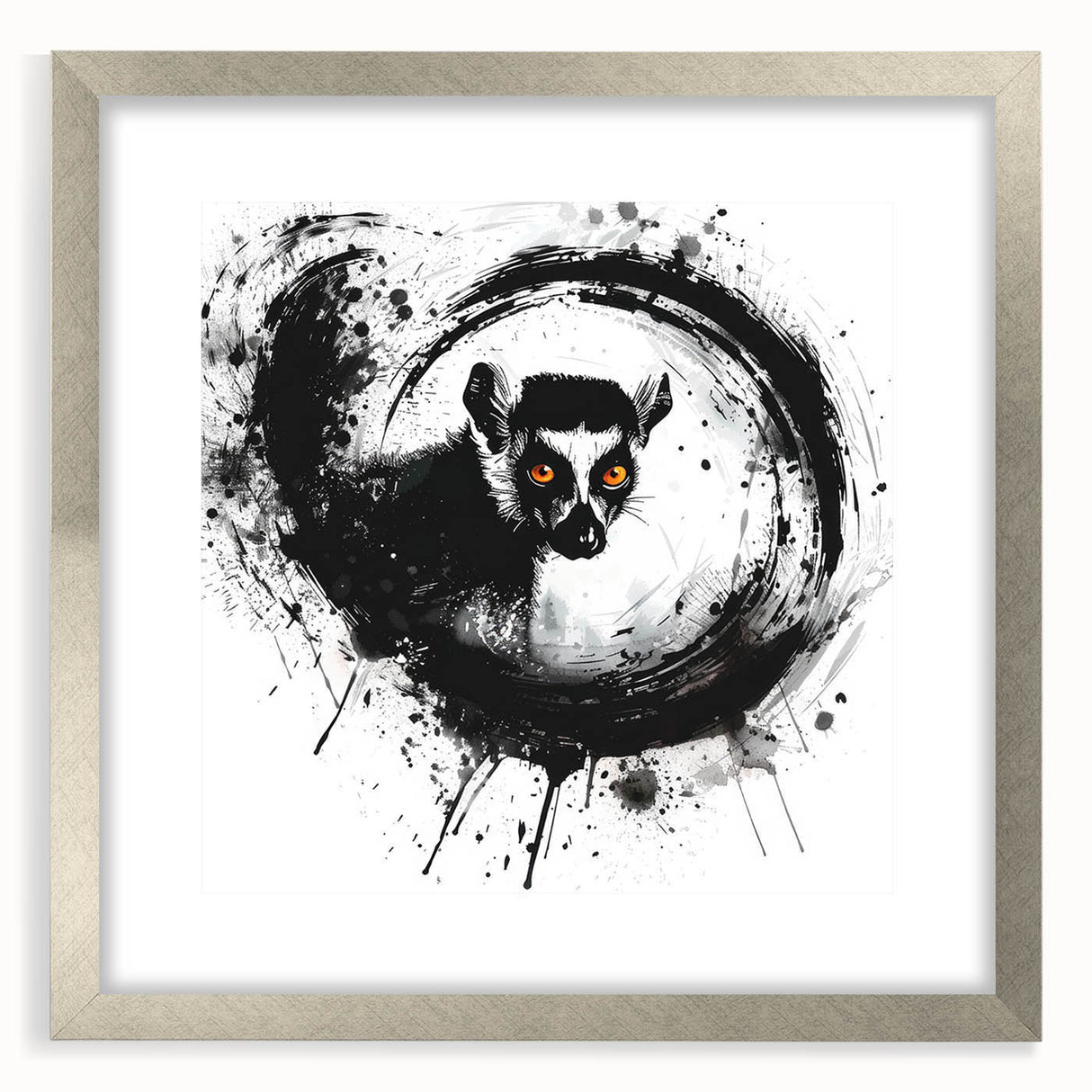 Lemur-themed wall art frame showcasing vibrant jungle colors and intricate design, featuring a silver mat for an elegant presentation, perfect for wildlife decor enthusiasts.