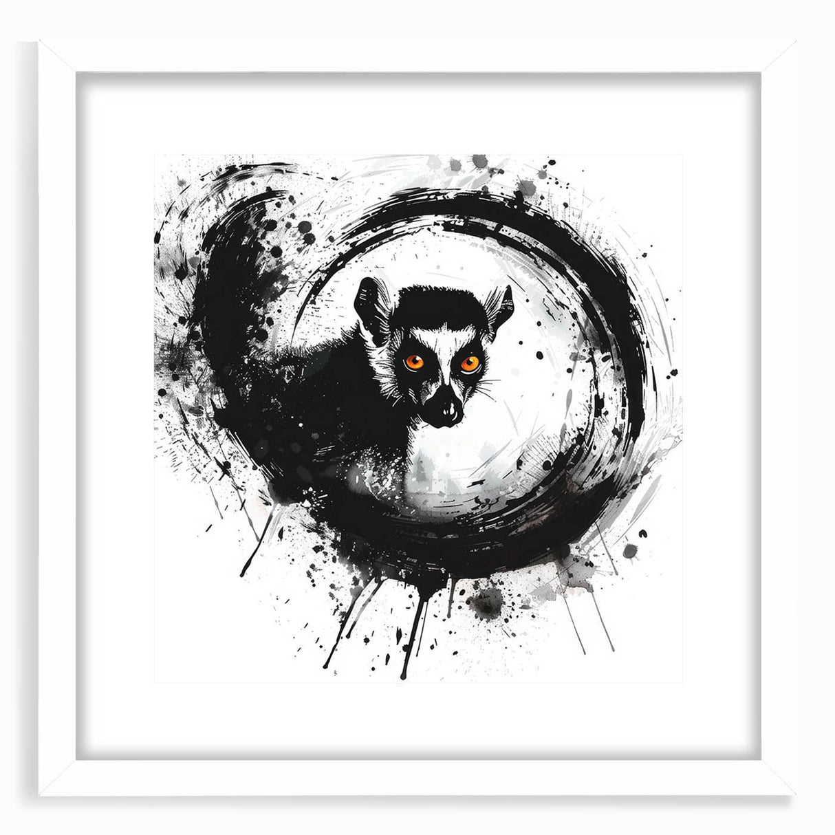 Lemur wall art design featuring vibrant colors and intricate details, framed with a white mat, ideal for enhancing home decor with a wildlife theme.