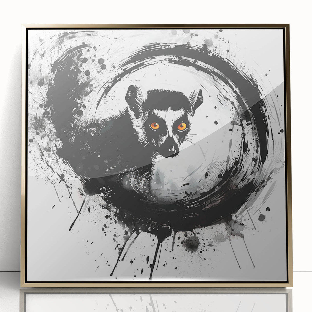 Framed wall art featuring a vibrant lemur design in gold-acrylic finish, showcasing intricate details and colors, perfect for animal lovers and home decor enthusiasts.