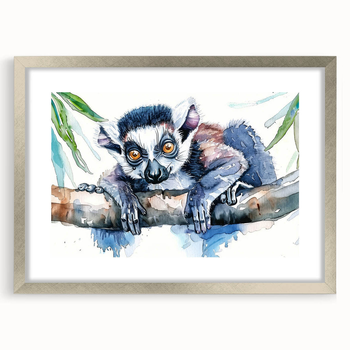 Lemur-themed wall art design in a silver frame with mat, showcasing vibrant colors and intricate details, perfect for animal lovers and home decor enthusiasts.