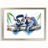 Lemur-themed wall art design in a silver frame with mat, showcasing vibrant colors and intricate details, perfect for animal lovers and home decor enthusiasts.