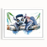 Framed wall art featuring a vibrant illustration of a lemur in a playful pose, designed with a modern aesthetic, set against a white mat and frame, ideal for animal lovers and home decor enthusiasts.