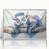 Framed wall art featuring a colorful lemur design on a white background, showcasing vibrant hues and intricate details, perfect for animal lovers and home decor.